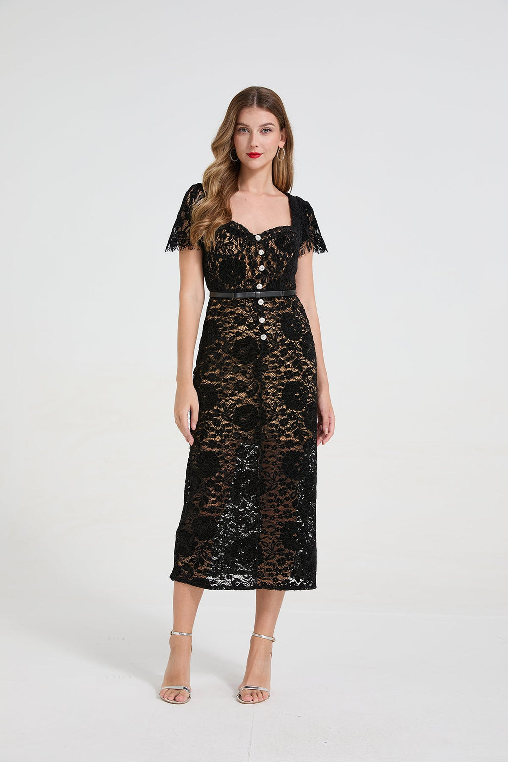 Women Lace Square Neck Rhinestone Bow Dress With 3d Padded Bust And Mermaid Silhouette