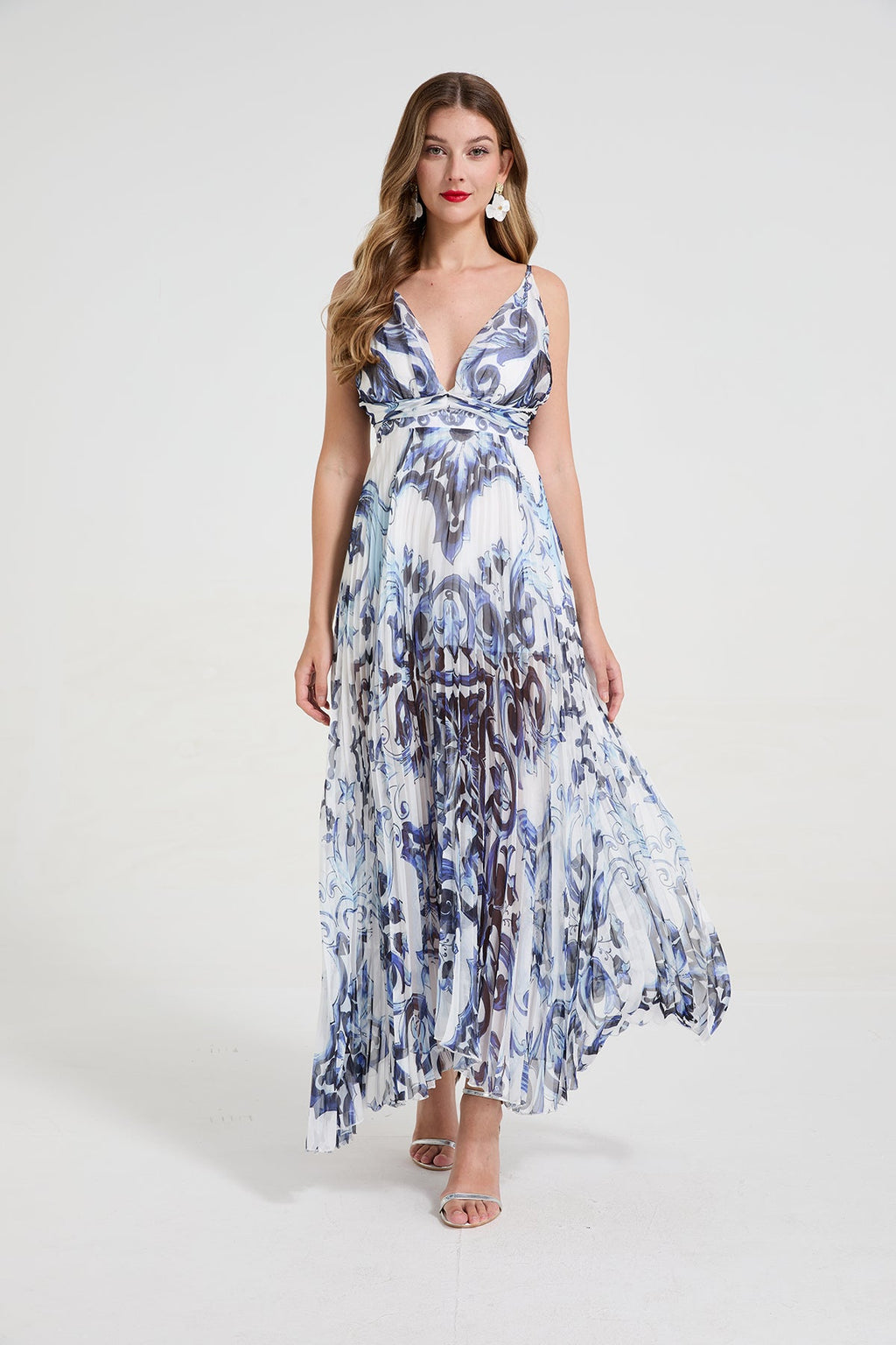 Women Blue And White Porcelain Print Sexy Deep V Strapless Pleated Floor Length Revealing Dress With A Wide Dress