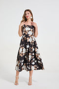 Women Retro White Rose Print Elegant Style Long Dress With A Flowing Dress And A Strapless Design