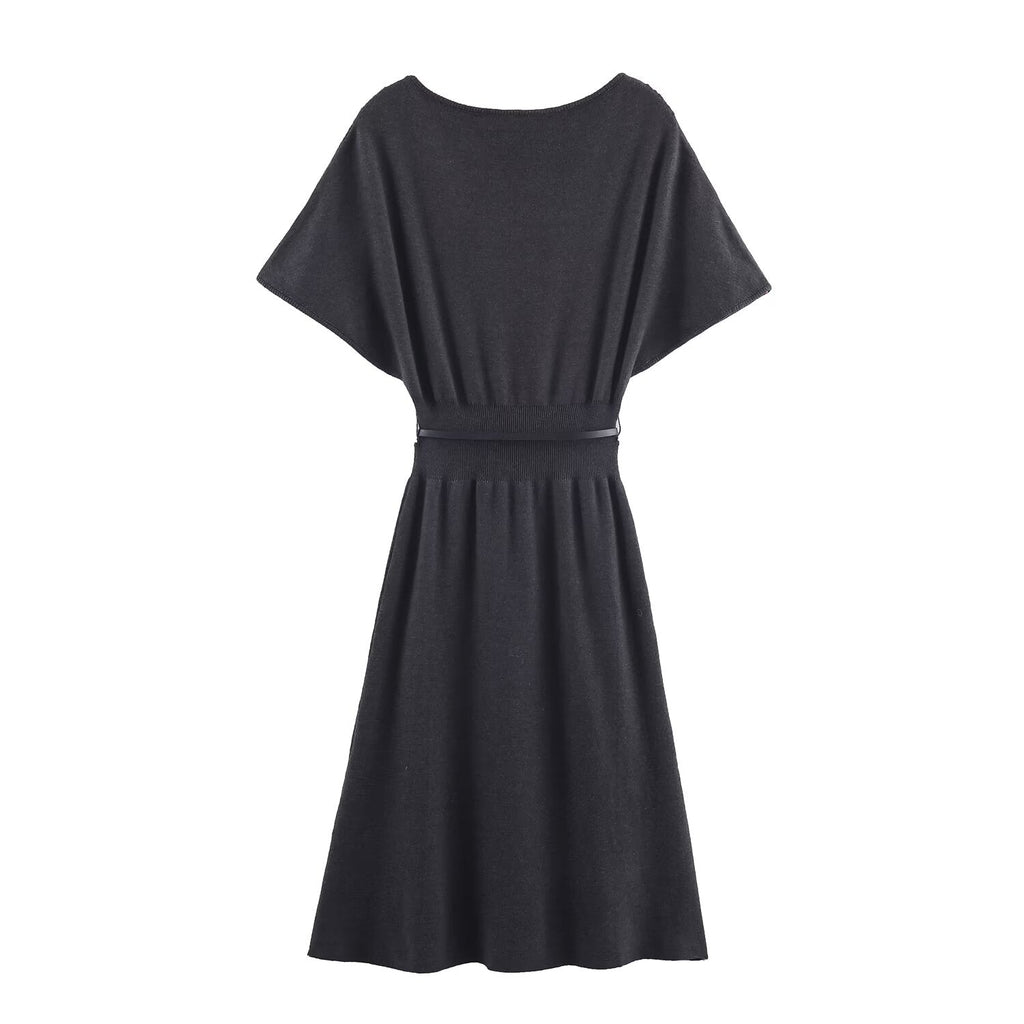 Women with Belt Knitted Mid Length Dress