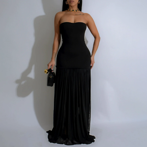 Women Clothing Sexy Backless Dress Mesh Stitching Solid Color Tube Top Dress