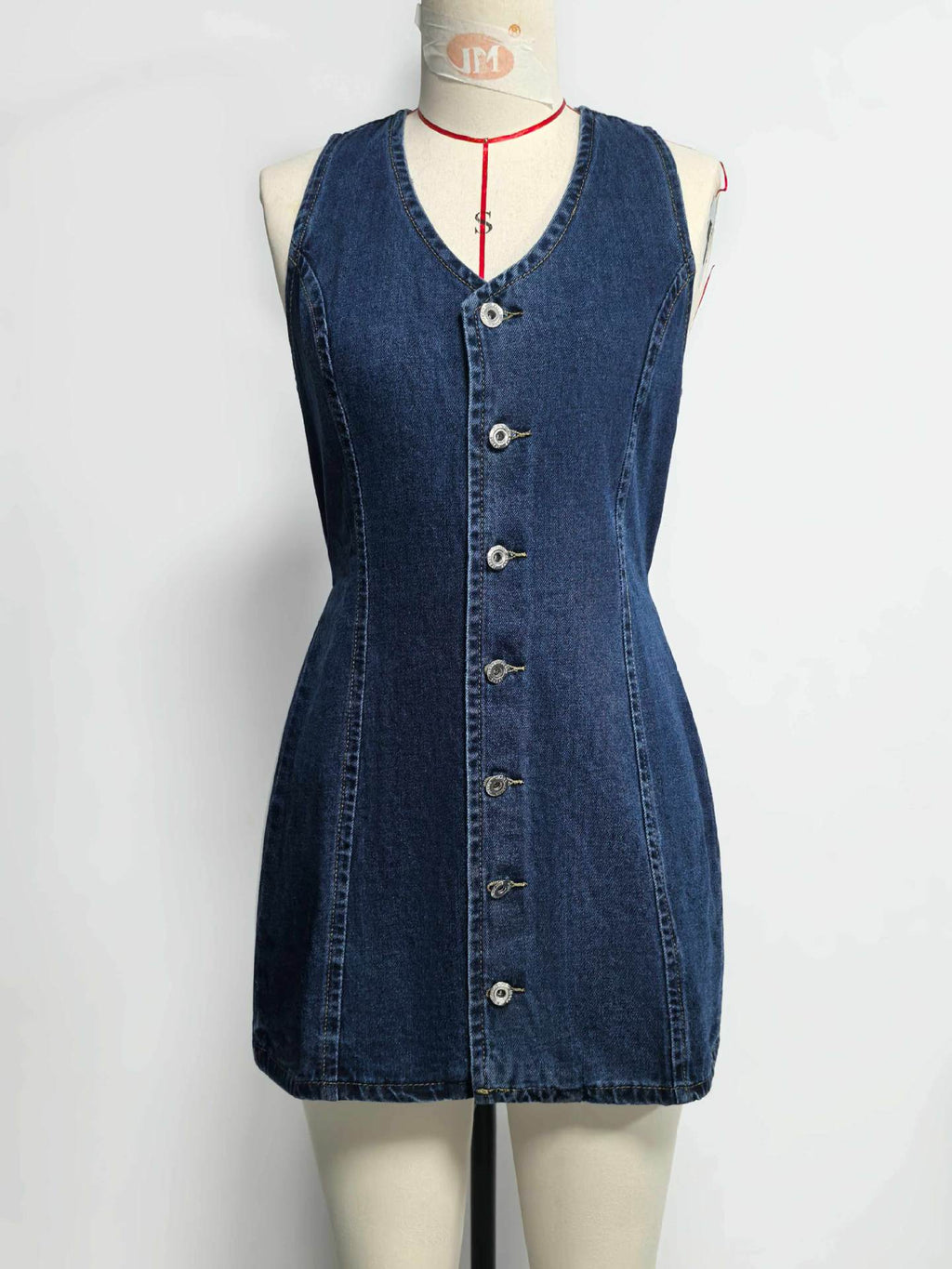 Autumn Button Placket Lace up Back Waist Denim Dress Retro Dress Women