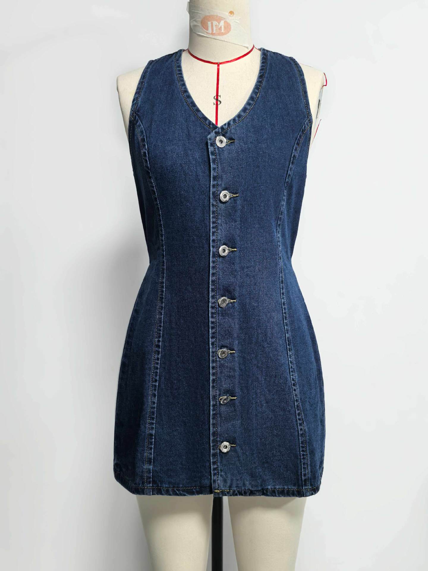 Autumn Button Placket Lace up Back Waist Denim Dress Retro Dress Women