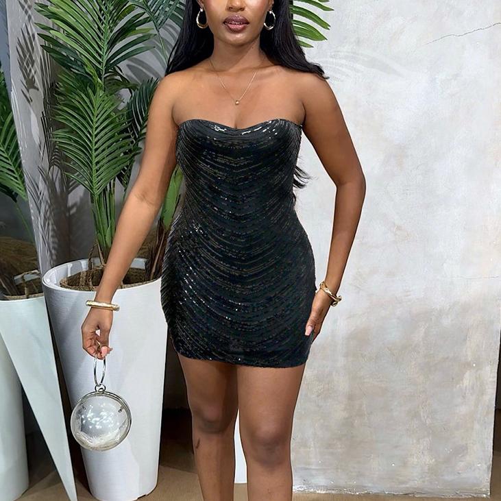 Women Clothing Sexy Tube Top Hip Sequined Tight Dress