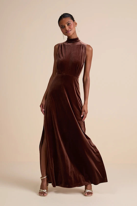 Graceful round Stand Collar Sleeveless Waist Slit Party Dinner Dress Solid Color Women Dress