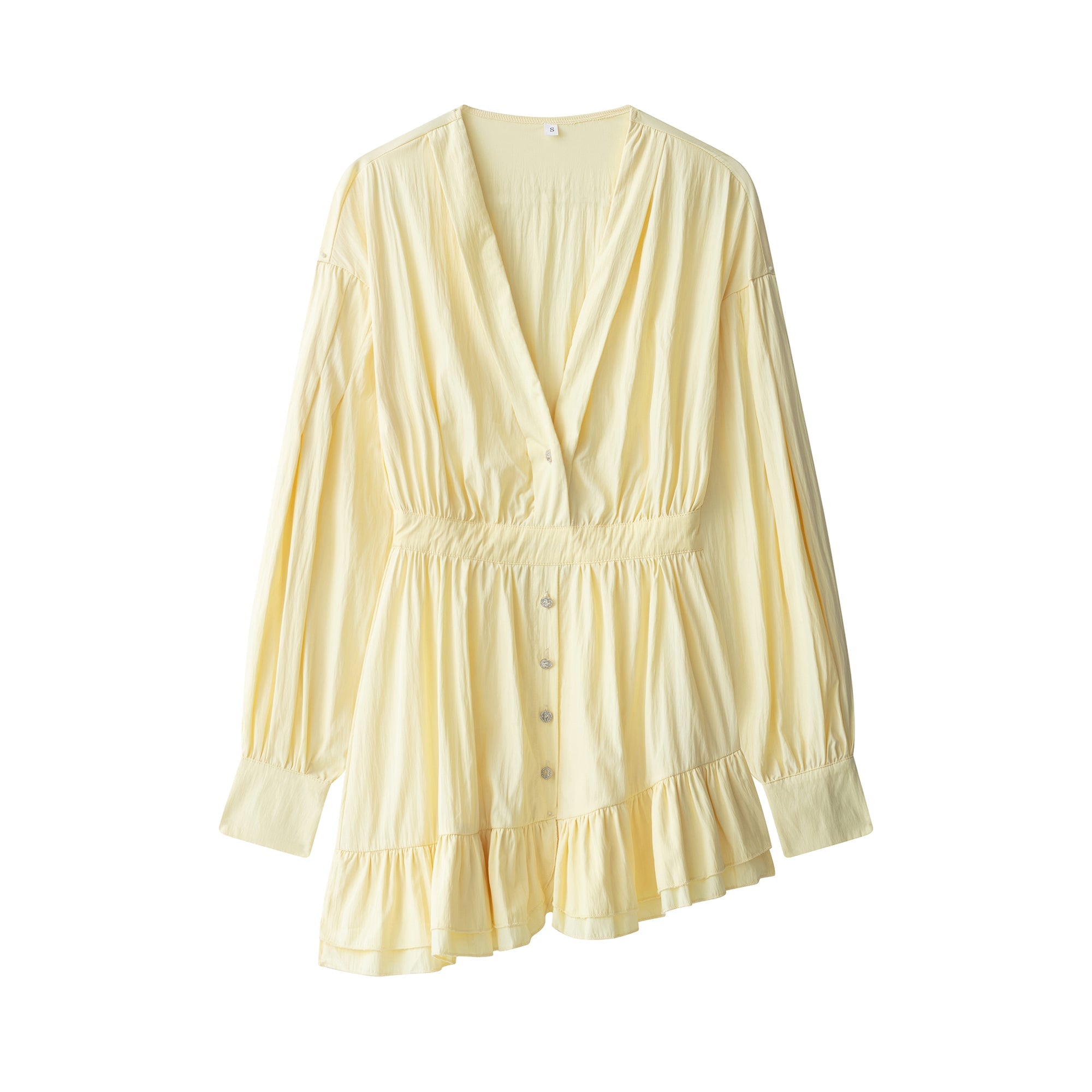 Women Clothing at Quality Collared Button Long Sleeve Lotus Leaf Dress