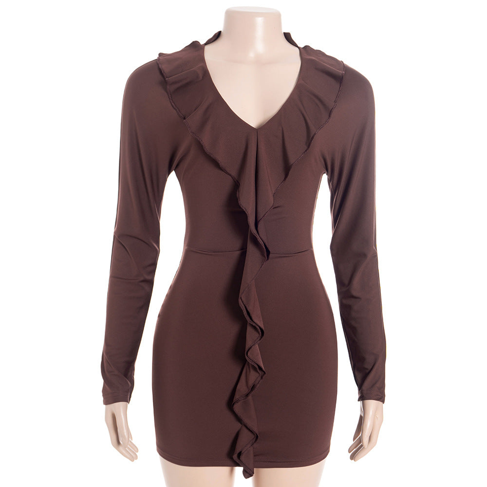 V neck Long Sleeved Solid Color Slim Fit Ruffled Design High Waist Short Hip Hugger Dress