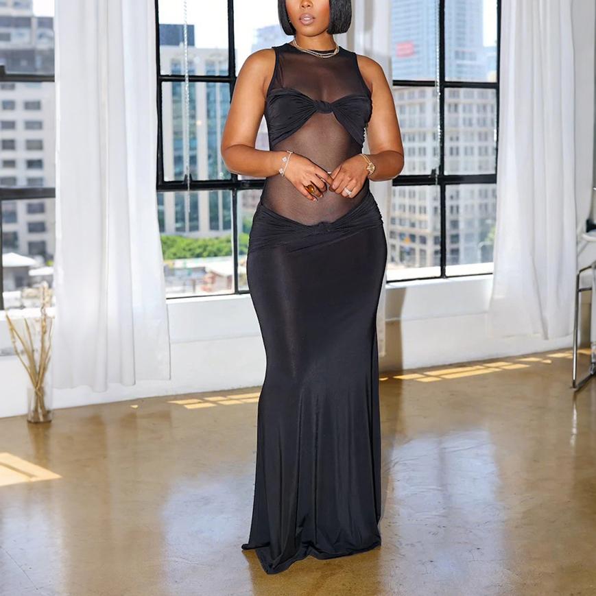 Mesh Stitching Polyester Light Sexy See through Dress Hip Wrapped Dress