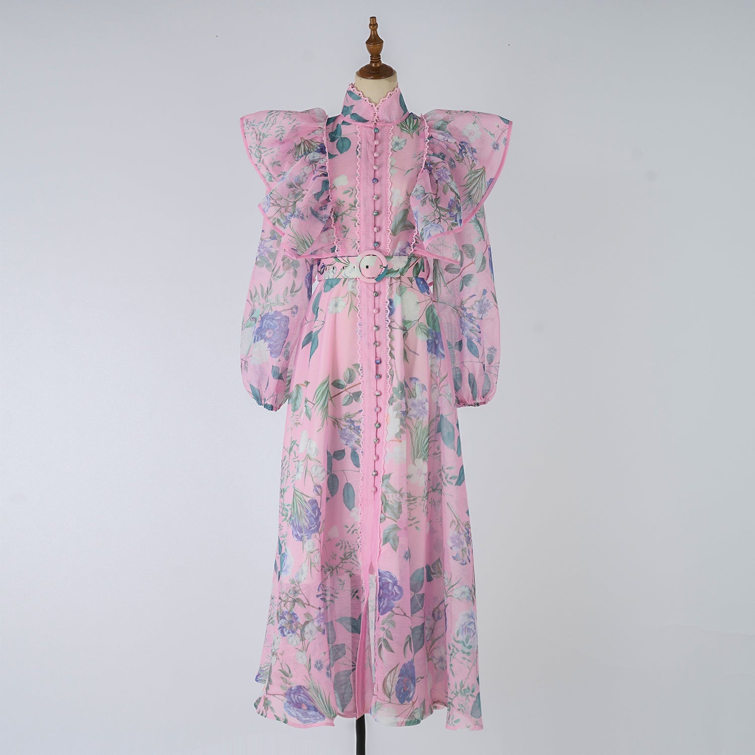 Women Spring Autumn Printed Belt Stand Up Collar Long Sleeved Dress