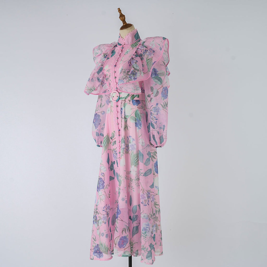Women Spring Autumn Printed Belt Stand Up Collar Long Sleeved Dress