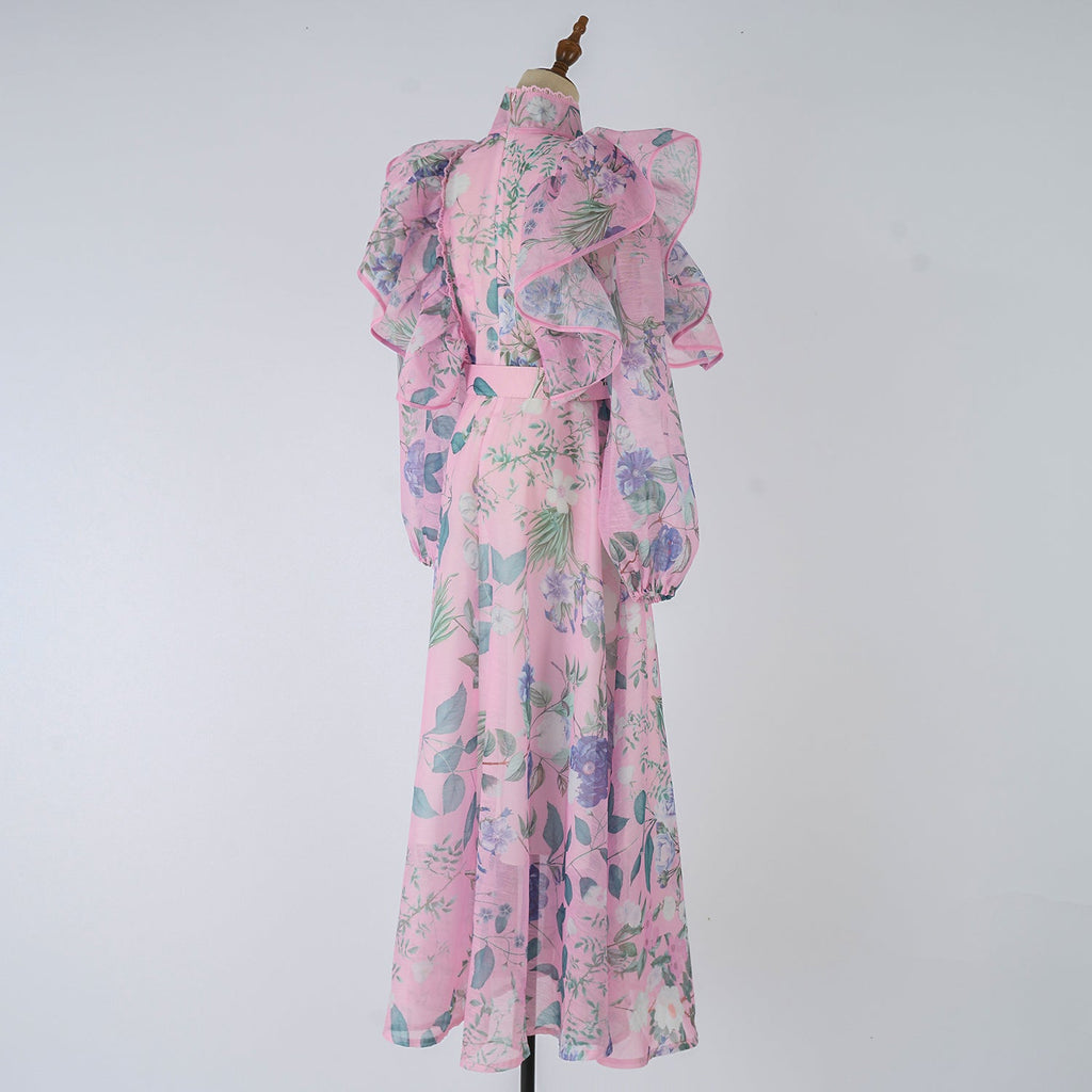 Women Spring Autumn Printed Belt Stand Up Collar Long Sleeved Dress