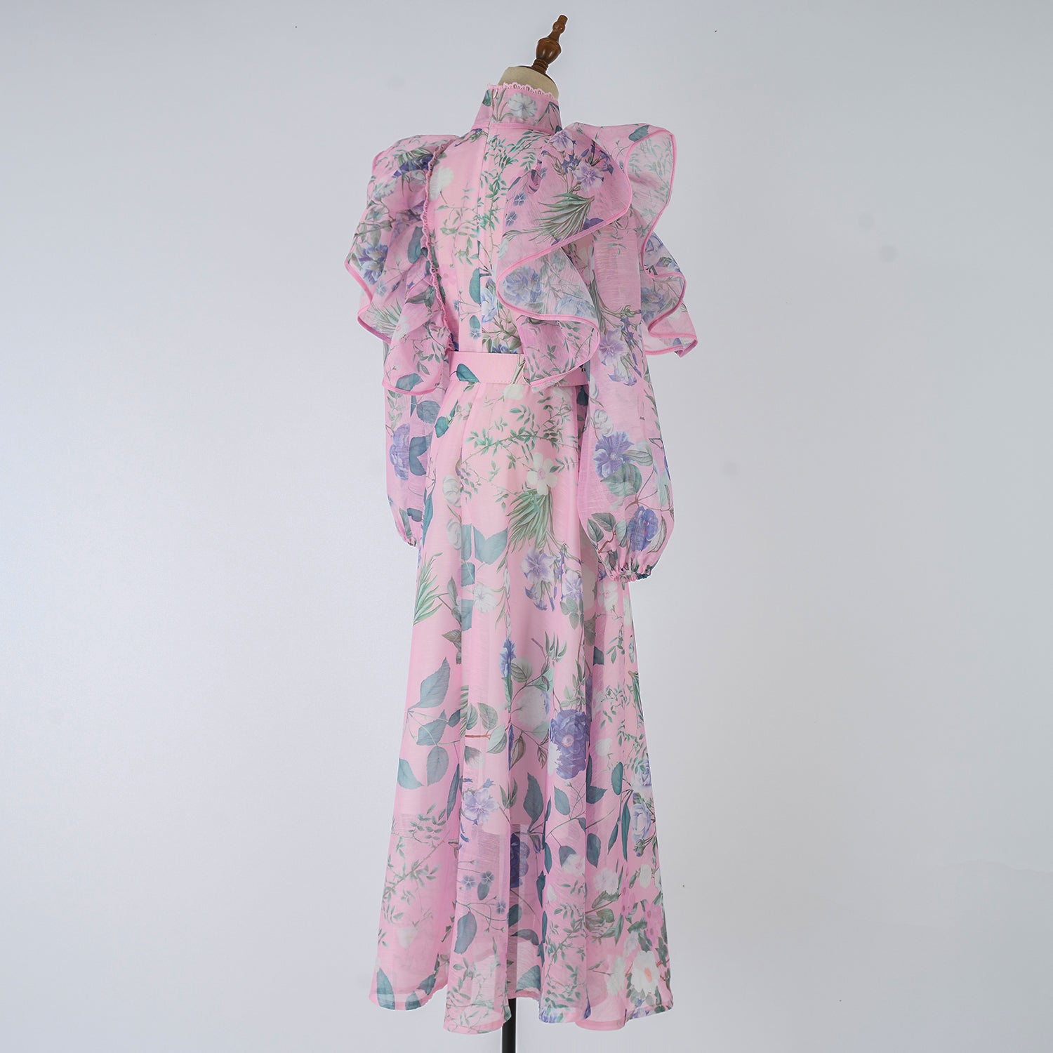 Women Spring Autumn Printed Belt Stand Up Collar Long Sleeved Dress