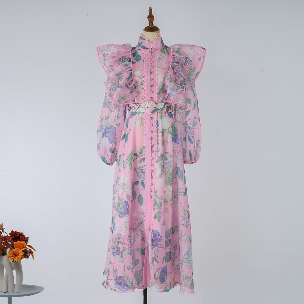 Women Spring Autumn Printed Belt Stand Up Collar Long Sleeved Dress