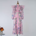 Women Spring Autumn Printed Belt Stand Up Collar Long Sleeved Dress