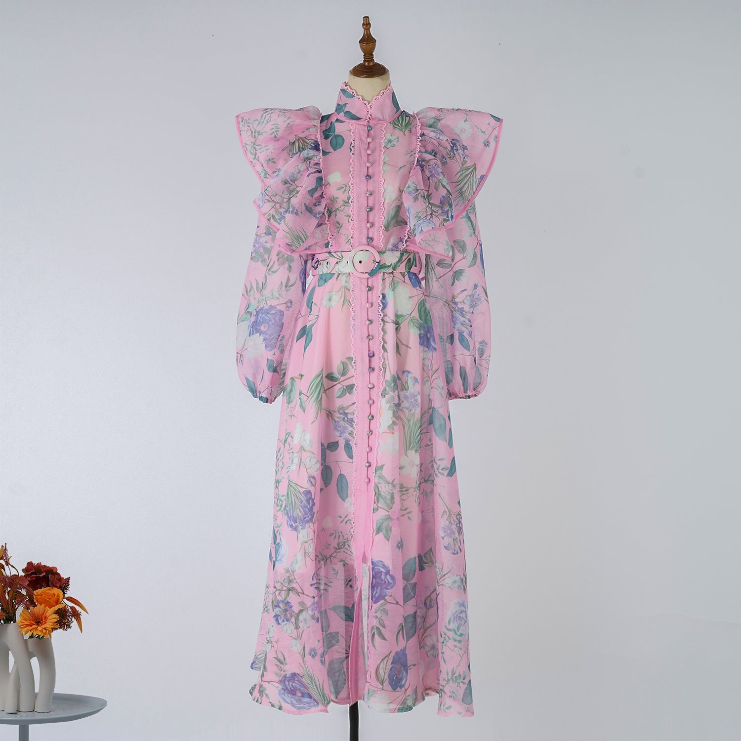 Women Spring Autumn Printed Belt Stand Up Collar Long Sleeved Dress