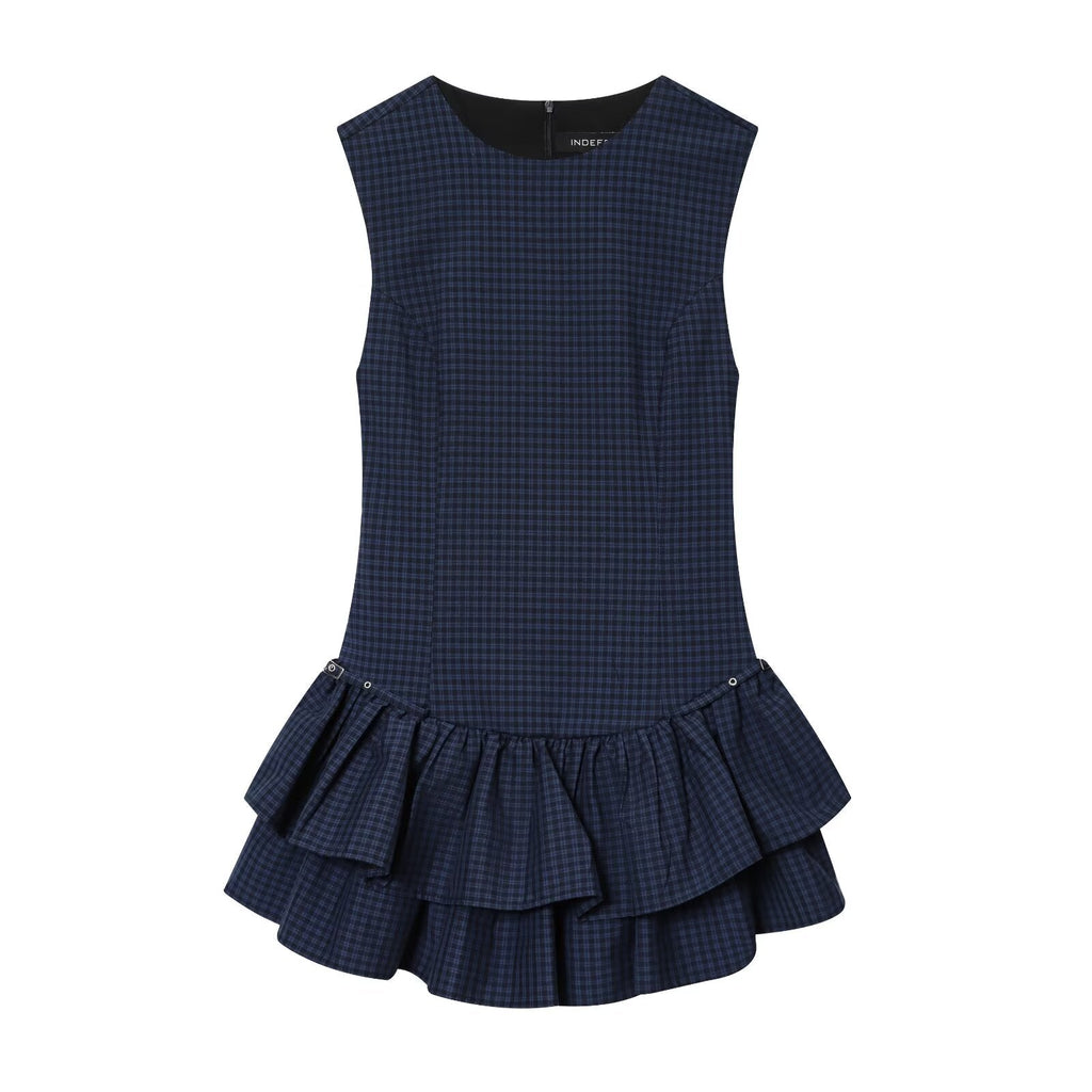 Women Clothing Autumn Sweet Romantic Plaid Laminated Decoration Short Dress