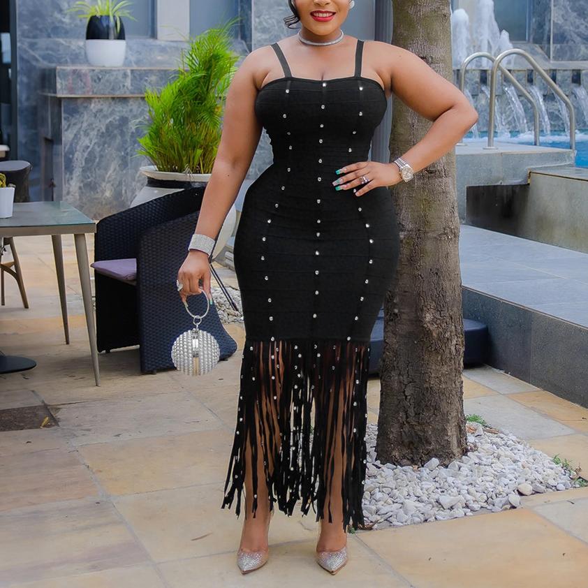 Sexy Sling Fringed Sheath Dress Women Bubble Beads