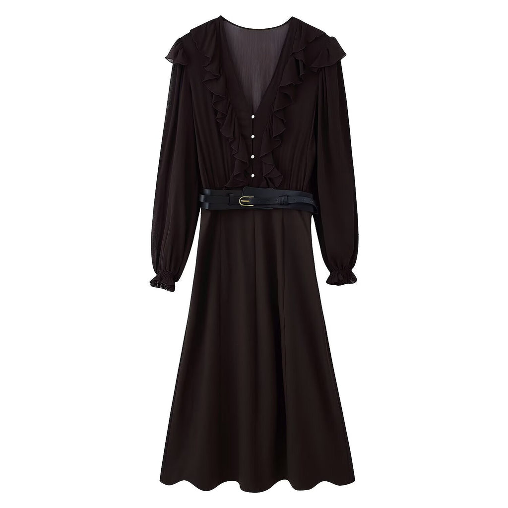 Women Clothing With Belt Stitching Midi Dress