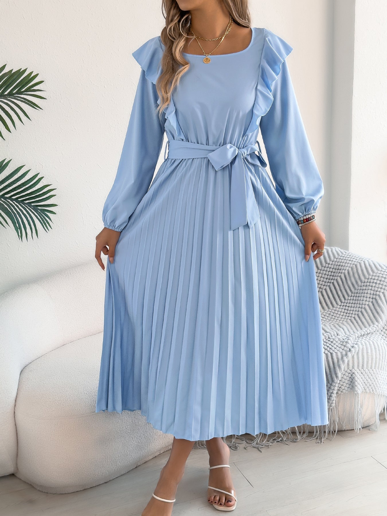 Women Clothing Spring Summer Elegant Ruffled Square Collar Long Sleeve Cinched Pleated Dress