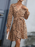 Autumn Retro Date Lightly Mature Tight Waist V neck Leopard Print Dress