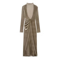 Women Clothing Backless Slim Fit Pleated Padded Shoulder Velvet Dress