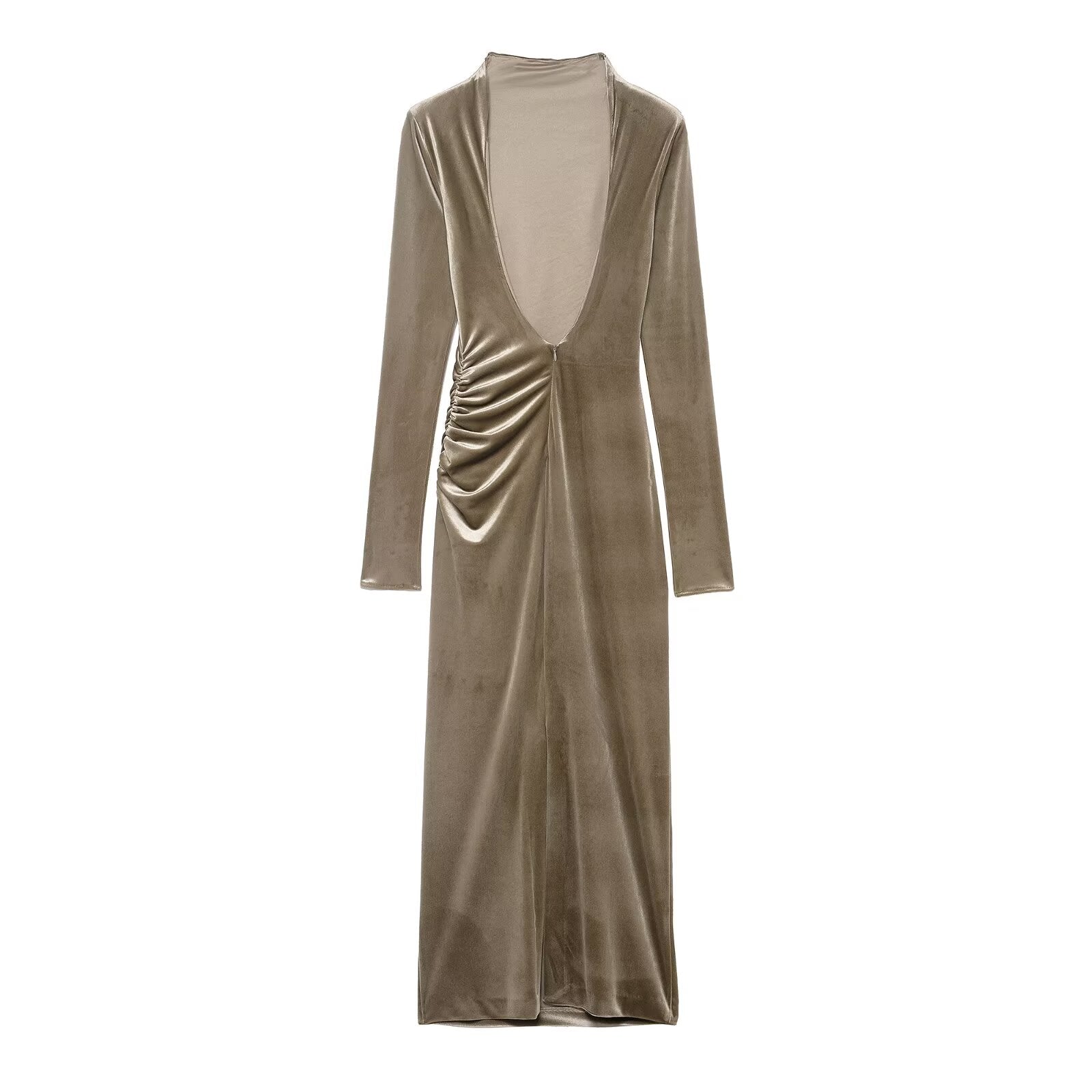 Women Clothing Backless Slim Fit Pleated Padded Shoulder Velvet Dress