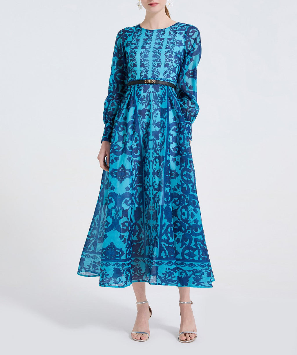 Women Printed Round Neck High Waisted Fitted Dress
