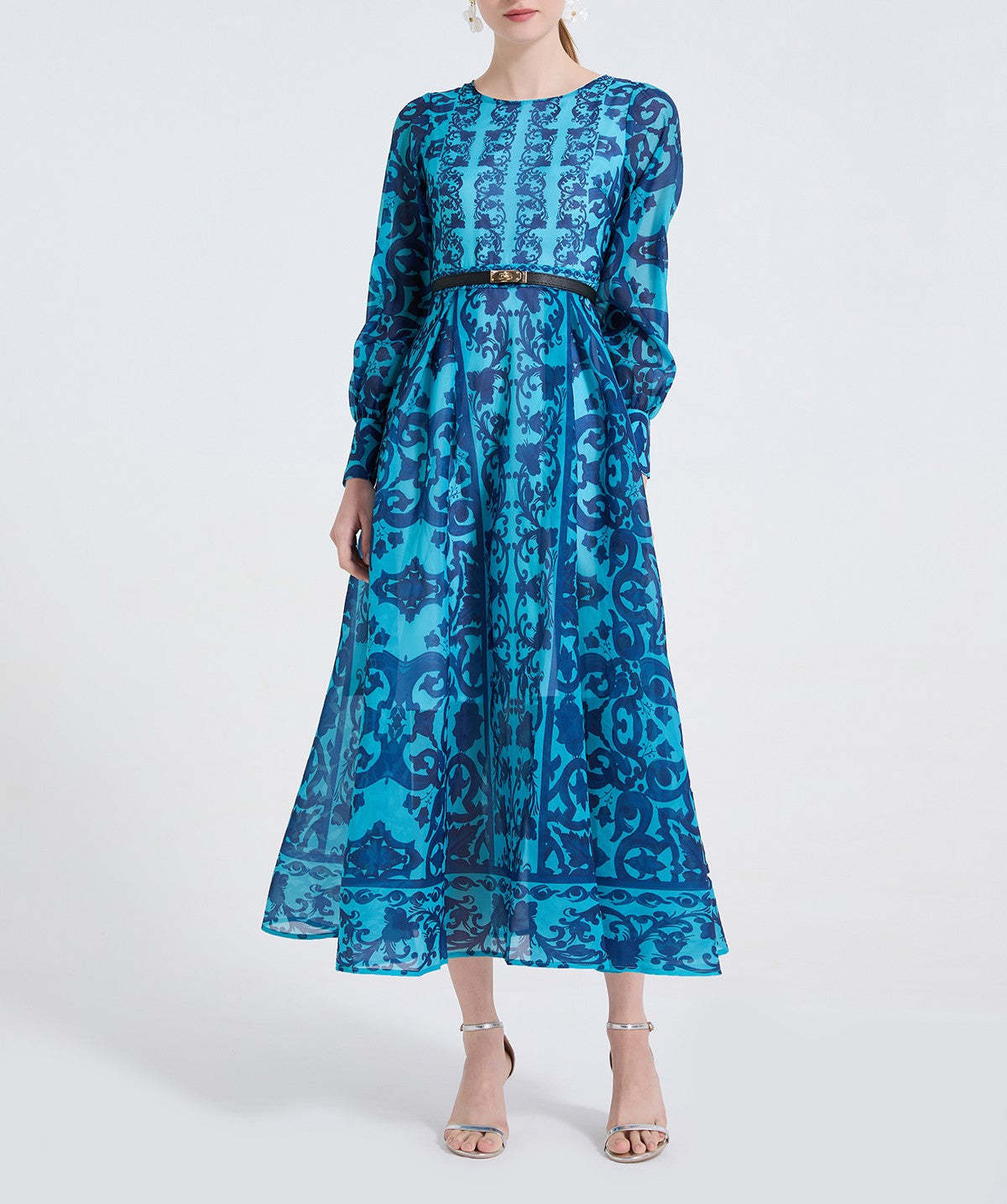 Women Printed Round Neck High Waisted Fitted Dress