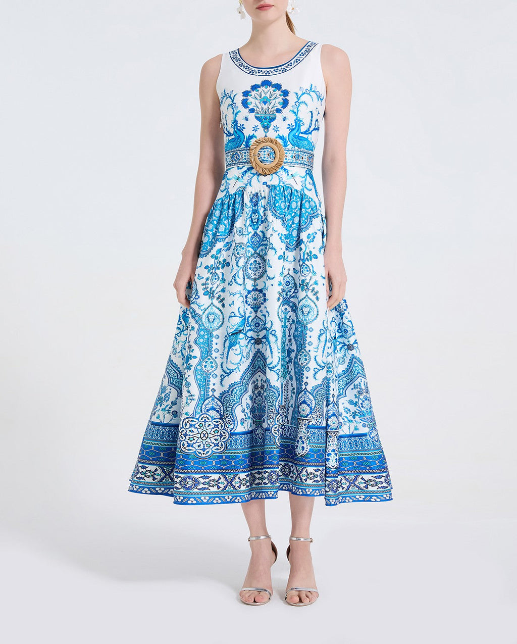 Women Peacock Print Fashionable Style Printed Round Neck Fitted Long Dress