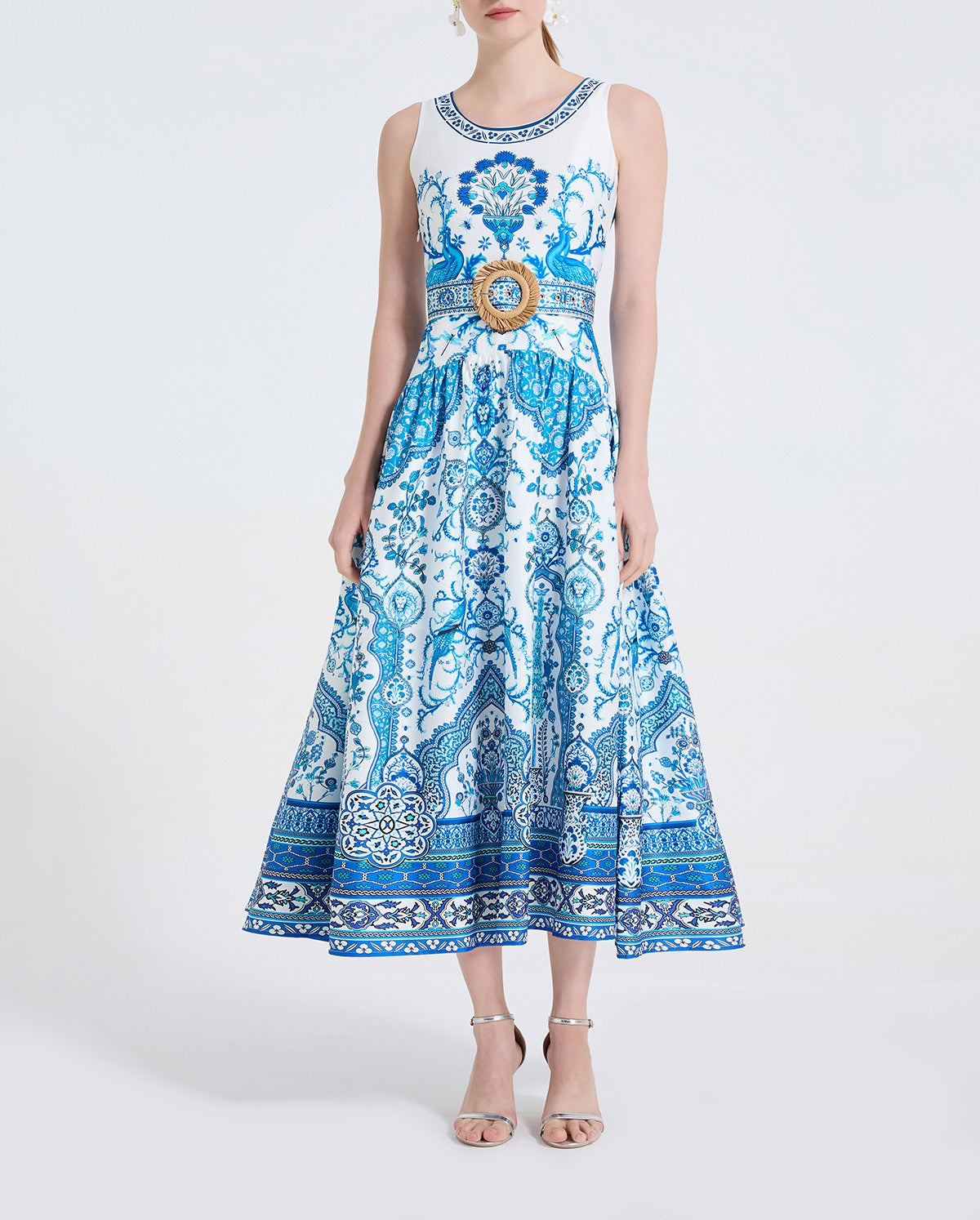 Women Peacock Print Fashionable Style Printed Round Neck Fitted Long Dress