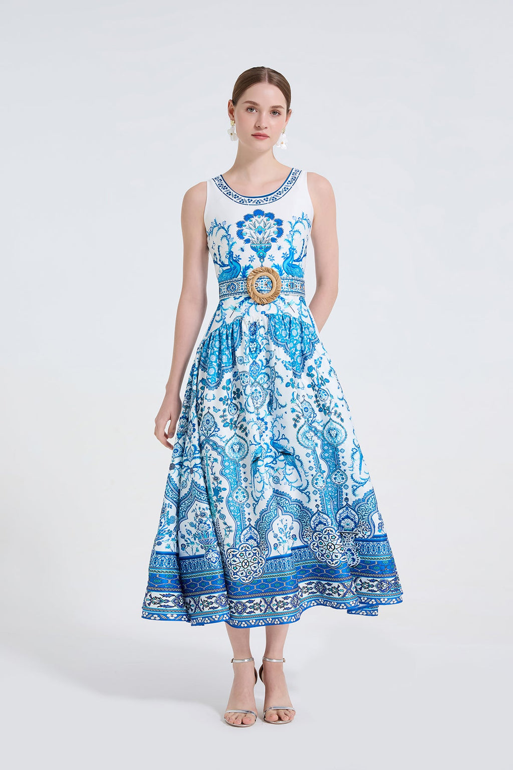 Women Peacock Print Fashionable Style Printed Round Neck Fitted Long Dress
