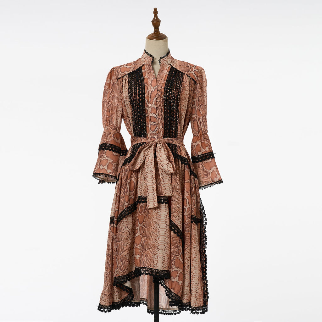 Women Retro And Sexy Dress With Lace Trim And Tie On Waistband