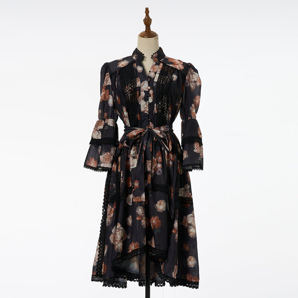 Women Retro And Sexy Dress With Lace Trim And Tie On Waistband