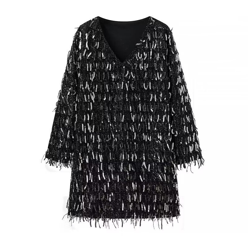 Winter Women Street V neck Tassel Sequ Dress
