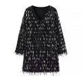 Winter Women Street V neck Tassel Sequ Dress