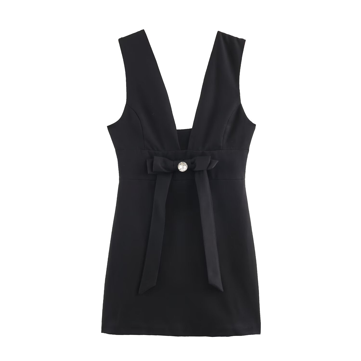 Autumn Solid Color Bow Decoration V neck Backless Design Fashionable All Match Dress
