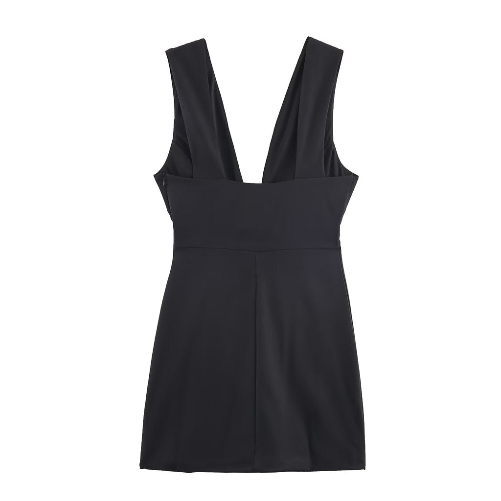 Autumn Solid Color Bow Decoration V neck Backless Design Fashionable All Match Dress