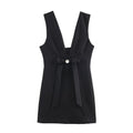Autumn Solid Color Bow Decoration V neck Backless Design Fashionable All Match Dress