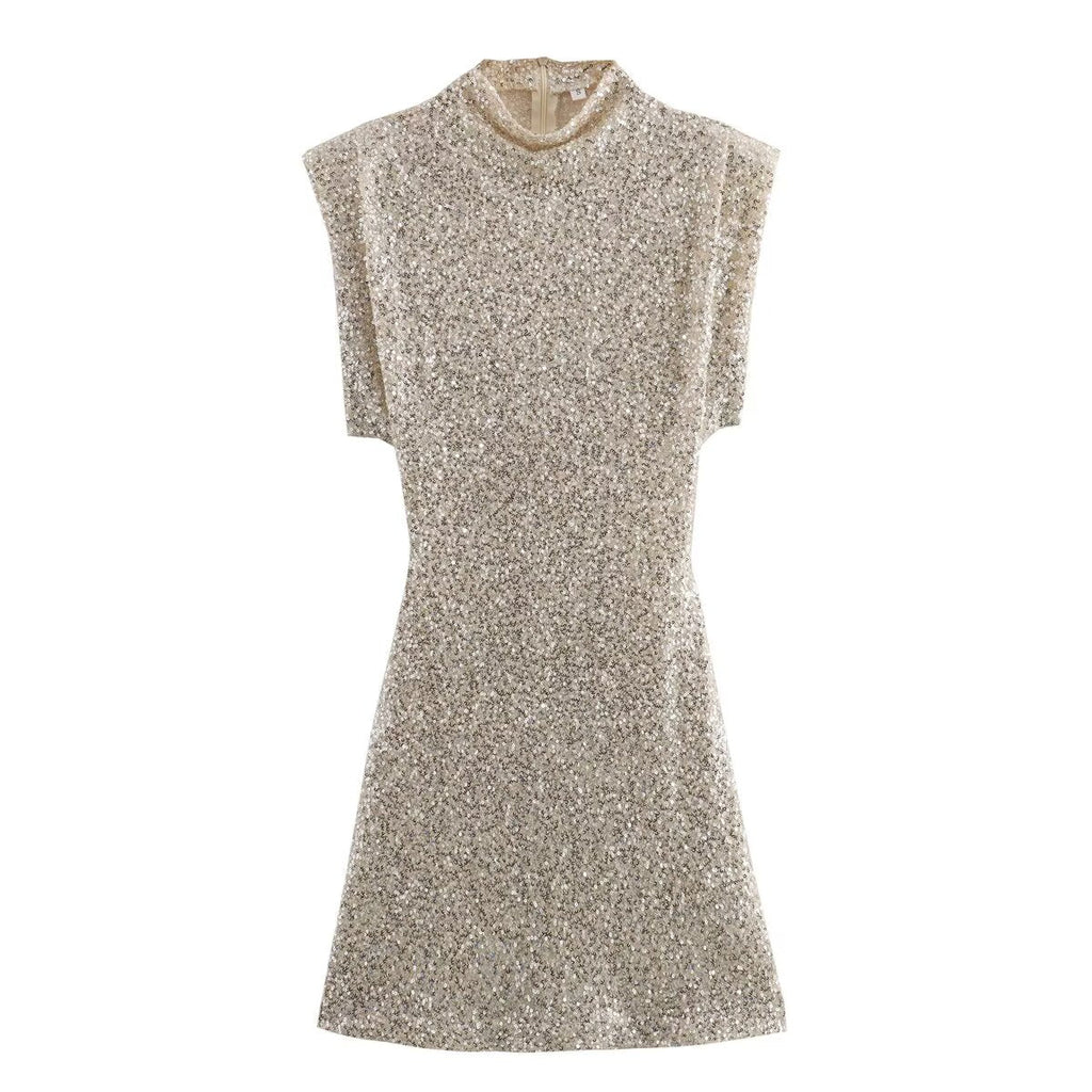 Summer Sweet Fresh Elegant Vacation Padded Shoulder Sequ Dress