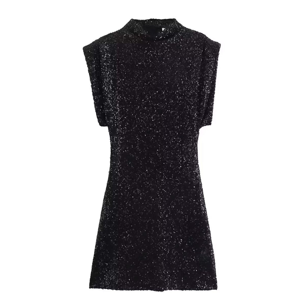 Summer Sweet Fresh Elegant Vacation Padded Shoulder Sequ Dress