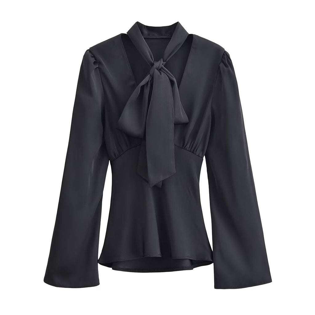 Women Clothing Winter Elegant Silk Satin Texture V neck Scarf Shirt