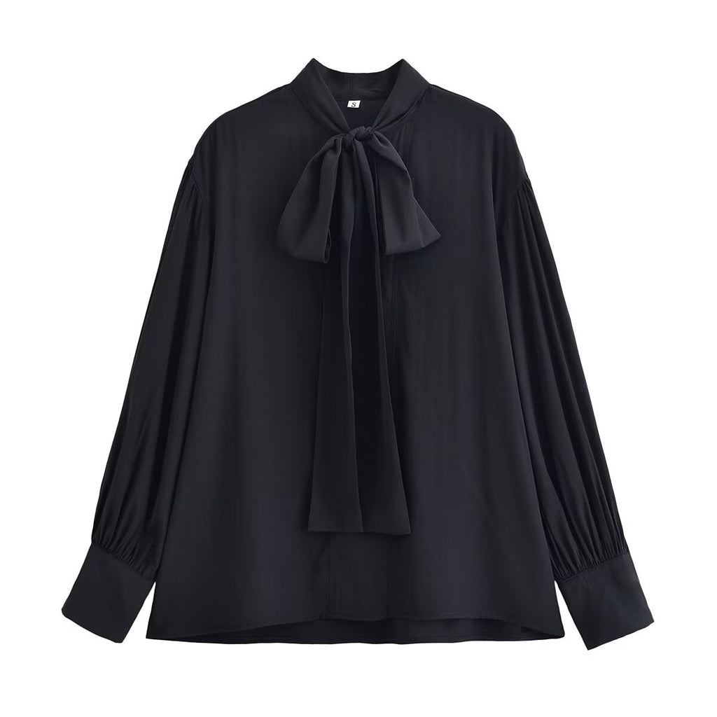 Women Clothing Winter Shirt Loose Bow Decoration Drape Shirt