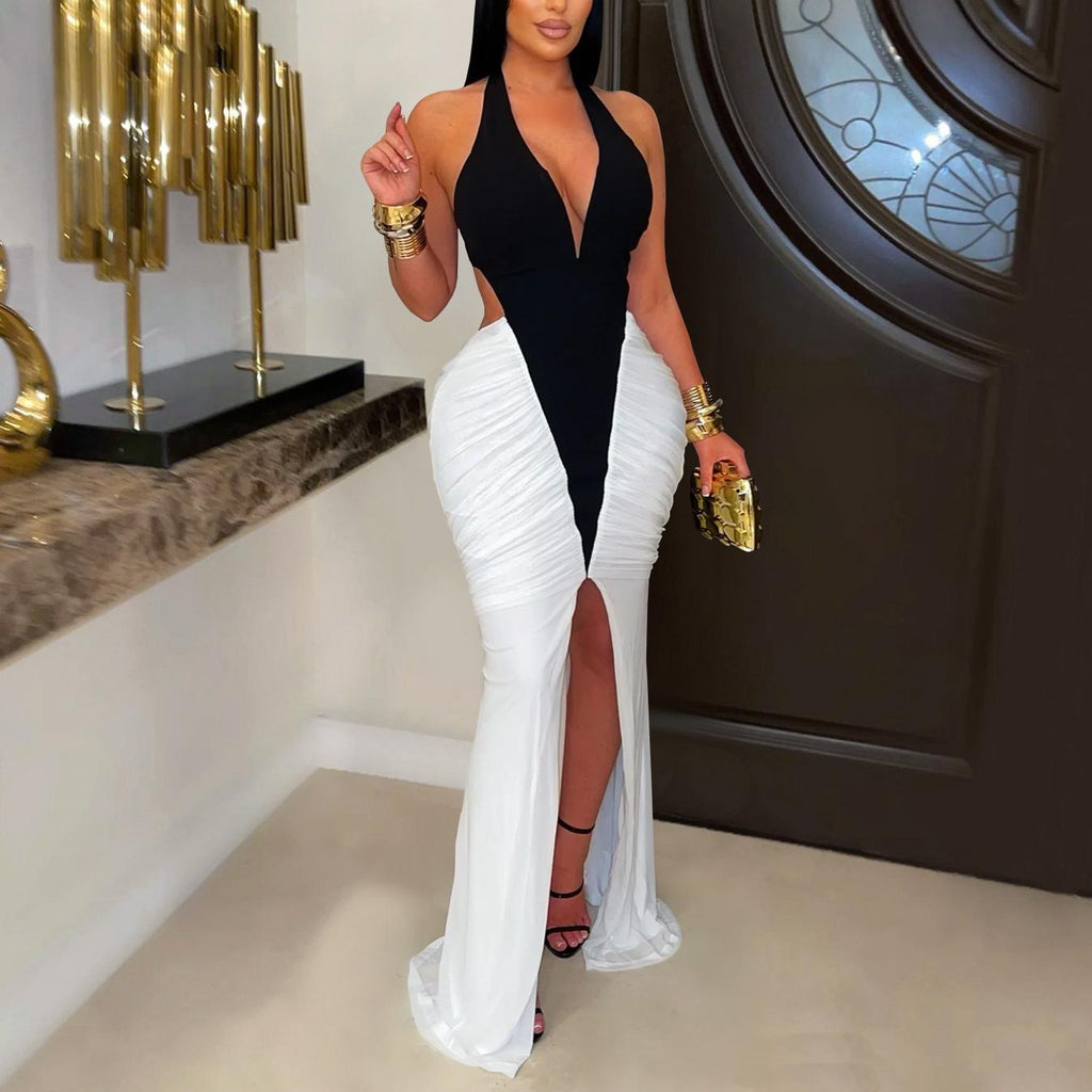 Women Wear Sexy V Neck Arm Covering Split Backless Dress