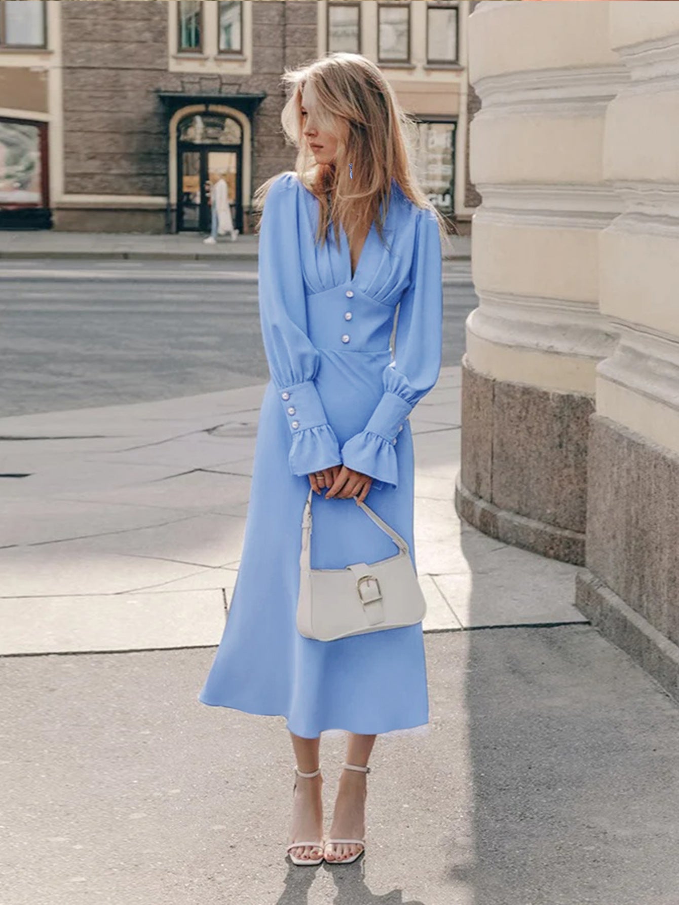 Elegant Office Pleated Deep V Plunge neck Button Decorative Waist Tight Lantern Sleeve Elegant A line Dress