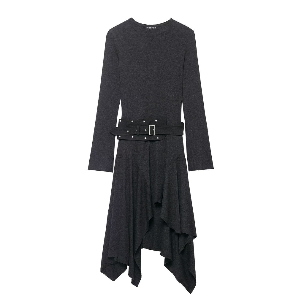Women Clothing Winter Asymmetric Ruffled Slimming Midi Dress
