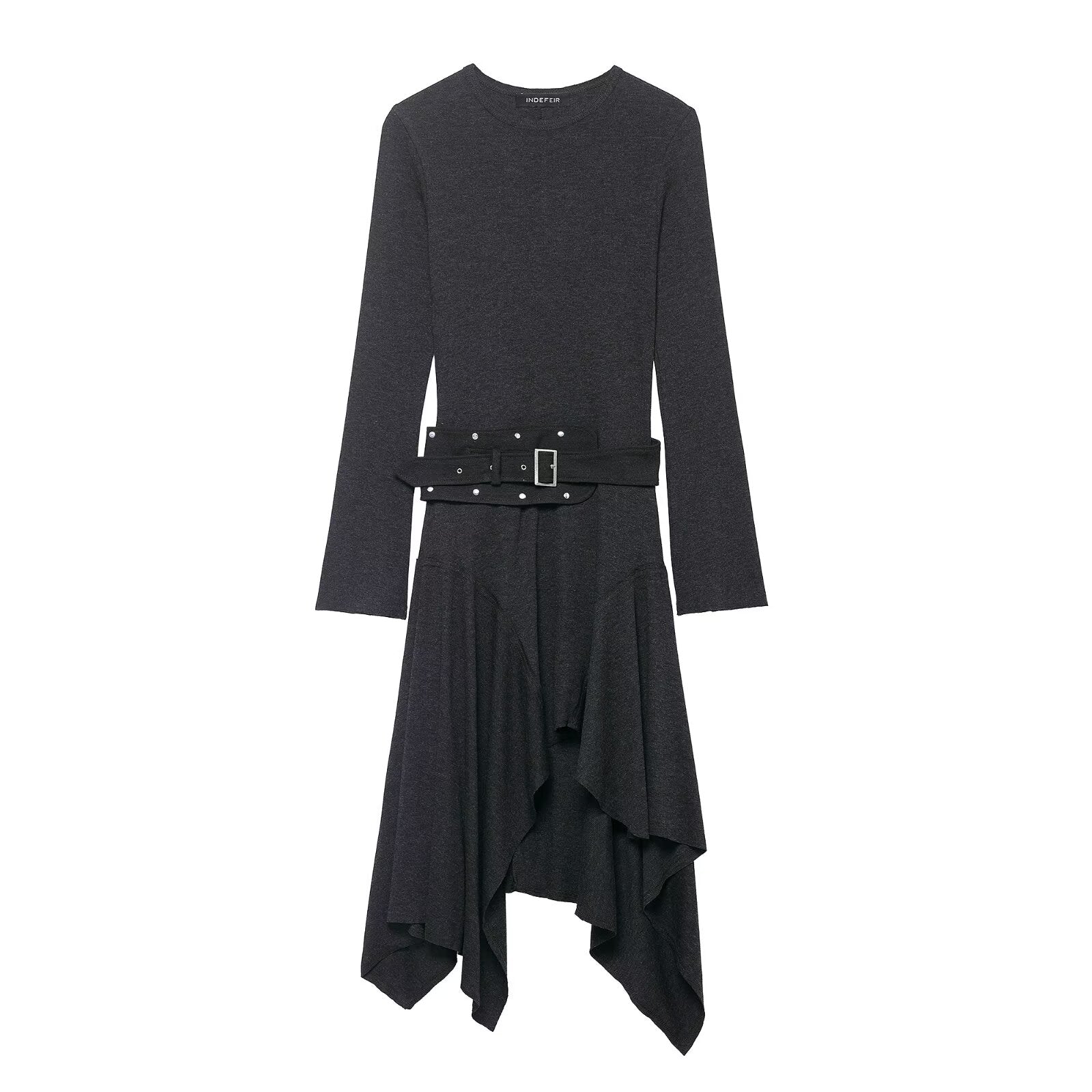 Women Clothing Winter Asymmetric Ruffled Slimming Midi Dress