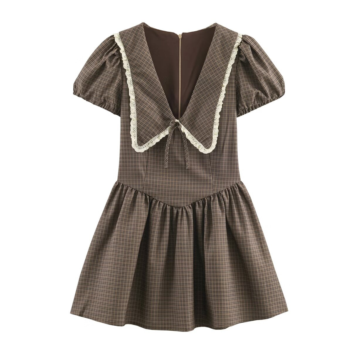 Women Plaid Small round Collared Dress