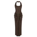 Women Clothing Coffee Color Silver Silk Ribbon Dress Sexy Backless Dress Slim Fit Sheath Dress Waist Tight Tight Dress