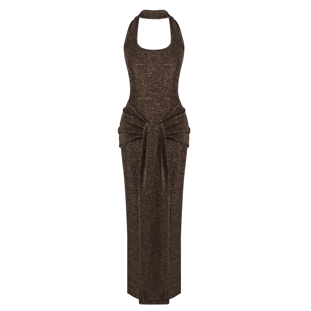Women Clothing Coffee Color Silver Silk Ribbon Dress Sexy Backless Dress Slim Fit Sheath Dress Waist Tight Tight Dress