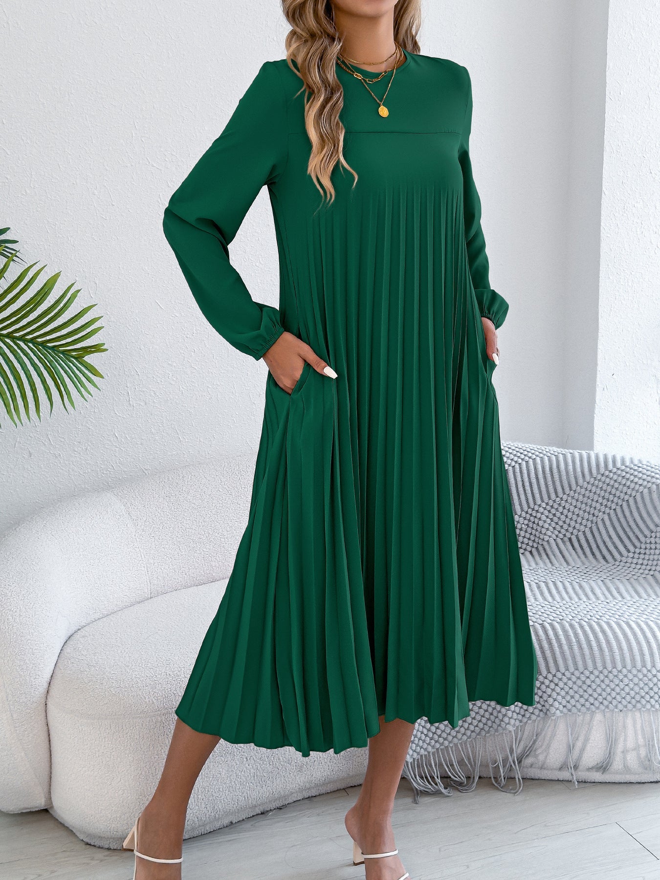 Women Clothing Spring Summer Casual Solid Color Long Sleeve Pocket Pleated Dress（Without Belt）